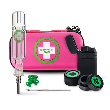 The Happy Dab Kit in Pink with Glass Dab Rig, Torch, Silicone Containers, and Metal Dabber