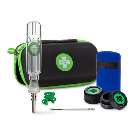 The Happy Dab Kit by Happy Kit in Black with glass dab rig, torch, silicone containers, and dab tool