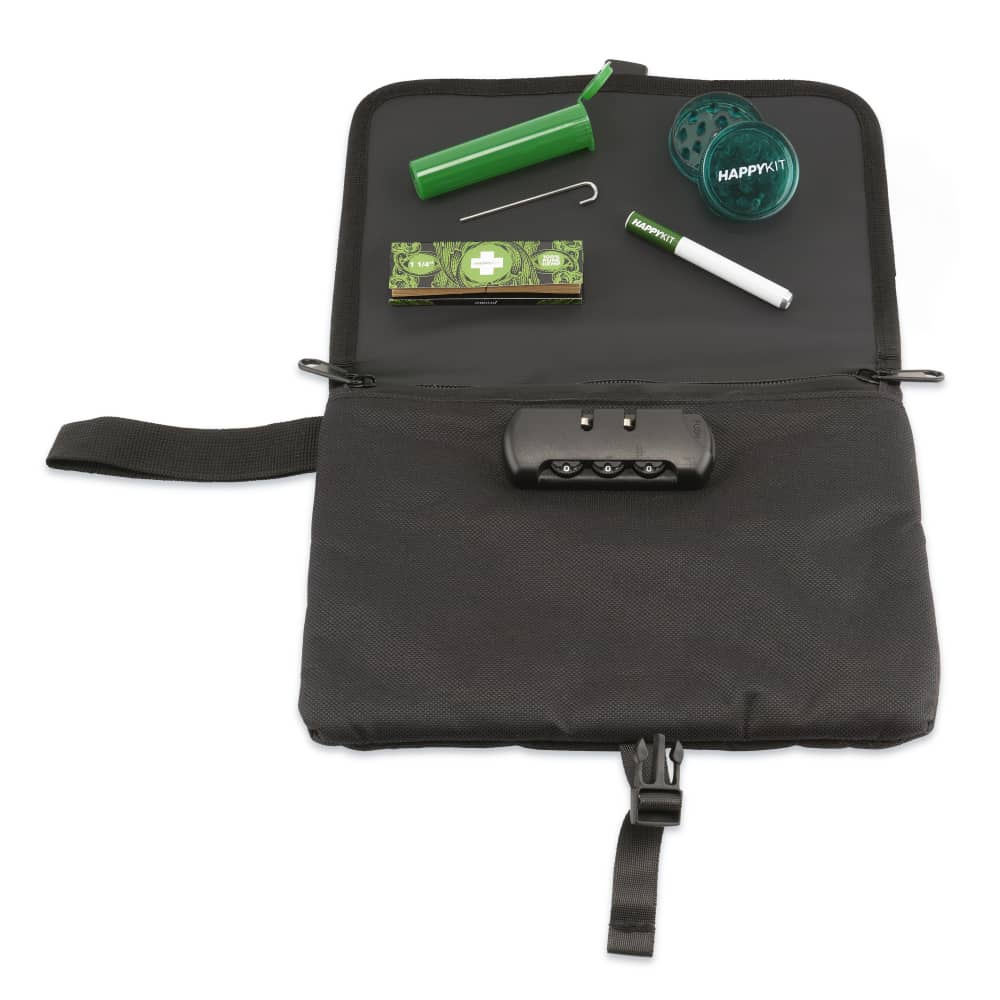 Happy Kit - Happy Pouch open view with accessories including lighter, grinder, and pipe