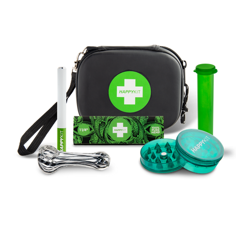 The Happy Kit - Black Travel-Sized Smoking Kit with Pipe, Grinder, and Accessories