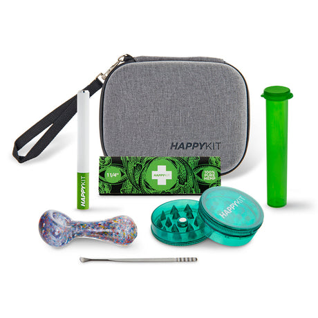 The Happy Kit in gray with portable case, glass pipe, grinder, storage tube, and cleaning tool