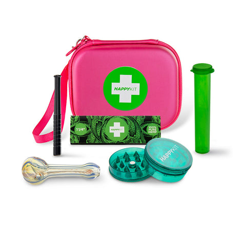 The Happy Kit in pink with smoking essentials: glass pipe, grinder, doob tube, and rolling papers