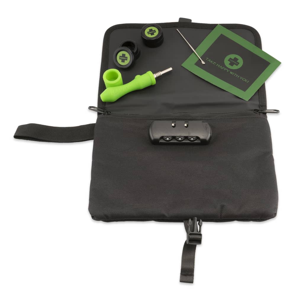 Happy Pouch Dab Kit by Happy Kit with green dab tool, silicone container, and case - Front View