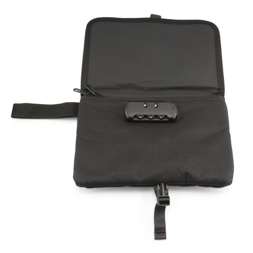 Happy Kit Happy Pouch in black, front view open with strap, compact travel-friendly design