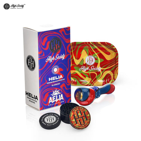 High Society Helia Spoon Bundle with colorful glass pipe, grinder, and packaging