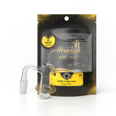 Honey & Milk Halo Quartz Banger at 90° angle by Honeybee Herb, clear quartz, front view on packaging