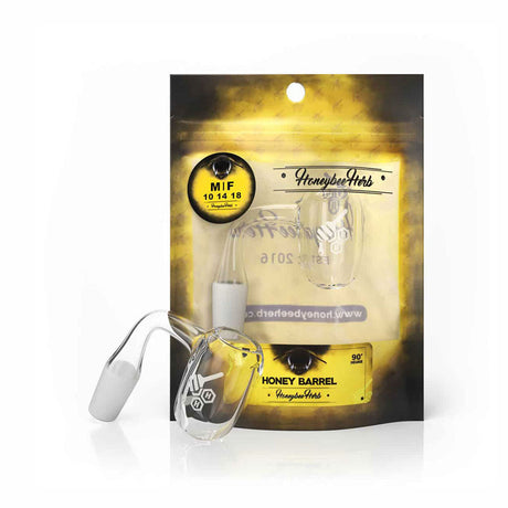 Honey Barrel Quartz Banger 90° Degree by Honeybee Herb, Clear, Front View on Packaging