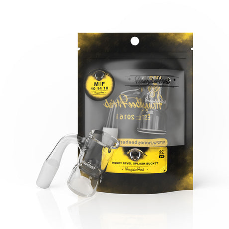 Honeybee Herb Honey Bevel Splash Bucket 90° Degree, clear quartz banger on packaging
