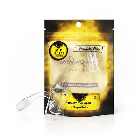 Honeybee Herb Honey Chamber Quartz Banger at 45° angle, clear, for dab rigs, on branded package