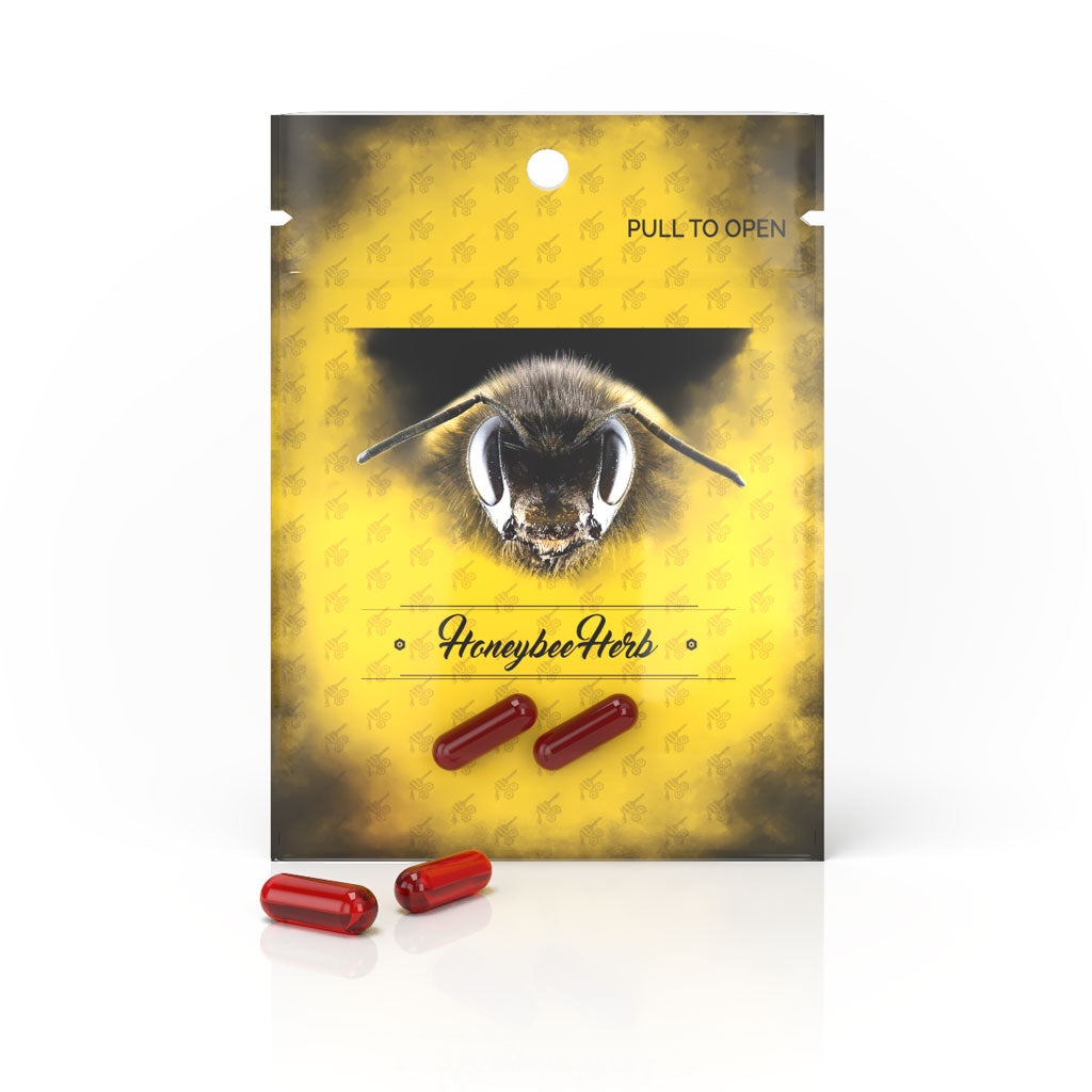 Honeybee Herb Honey Terp Pills in Ruby, 6mm size for dab rigs, front view on branded packaging