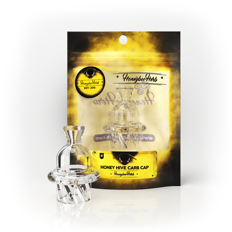 Honey Hive Carb Cap by Honeybee Herb in Clear Borosilicate Glass, Front View on Packaging