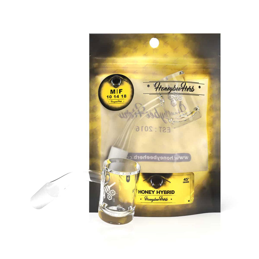 Honeybee Herb Honey Hybrid Quartz Banger at 45° angle, clear quartz, front view on branded packaging