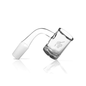 Honey Hybrid Quartz Banger at 90° angle, 25mm flat top design, clear quartz, side view