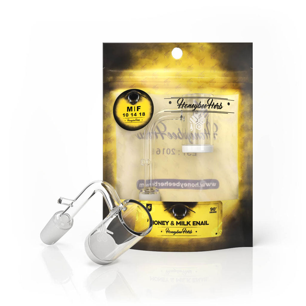 Honey & Milk Enail Quartz Banger by Honeybee Herb, 90° angle, clear, front view on packaging
