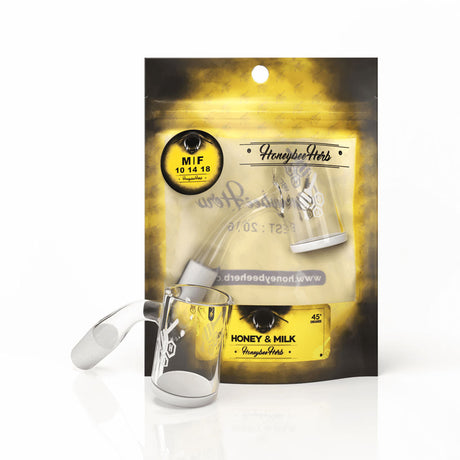 Honey & Milk Quartz Banger by Honeybee Herb, 45° male joint, clear with flat top, front view on packaging