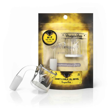 Honey & Milk XL Bevel Quartz Banger at 90° angle, clear design for dab rigs, on branded packaging