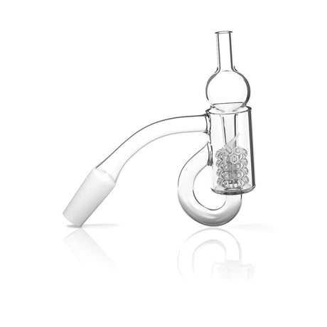 Honeybee Herb Recycler Quartz Banger at 45° angle, clear, for dab rigs, side view on white background