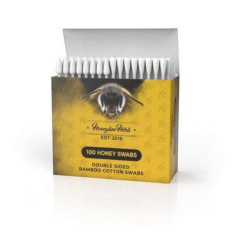 Honeybee Herb Honey Swabs box with 100 bamboo cotton swabs for cleaning, front view on white background