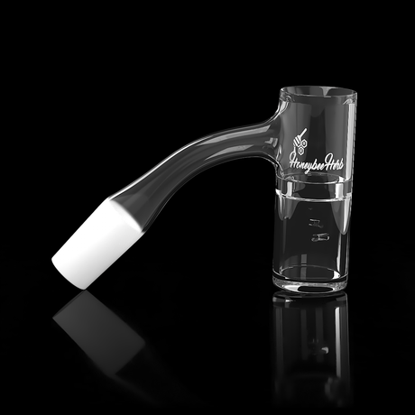 Honeybee Herb Quartz Banger at 45° angle, clear, flat top, 25mm for dab rigs, side view