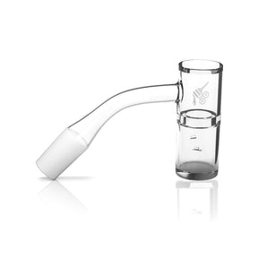 Honeybee Herb Honey Well Quartz Banger at 45° angle, clear quartz, side view on white background