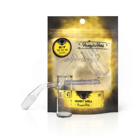 Honeybee Herb Honey Well Quartz Banger at 45° angle, clear, for dab rigs, on yellow package