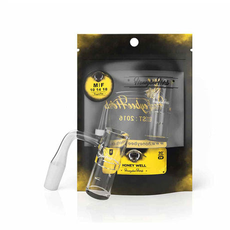 Honey Well Quartz Banger at 90° angle, clear with flat top, for dab rigs, packaged view