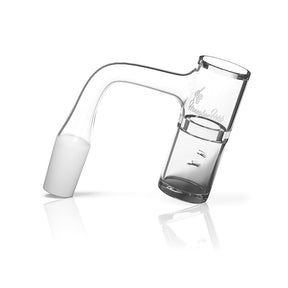 Honey Well Quartz Banger 90° Degree by Honeybee Herb, Clear Flat Top Design, Side View on White Background