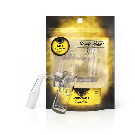Honey Well Quartz Banger 90° Degree by Honeybee Herb, clear flat top, on packaging
