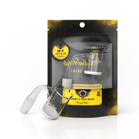 Honey & Milk Bevel Quartz Banger at 90° angle by Honeybee Herb, clear design, on branded packaging