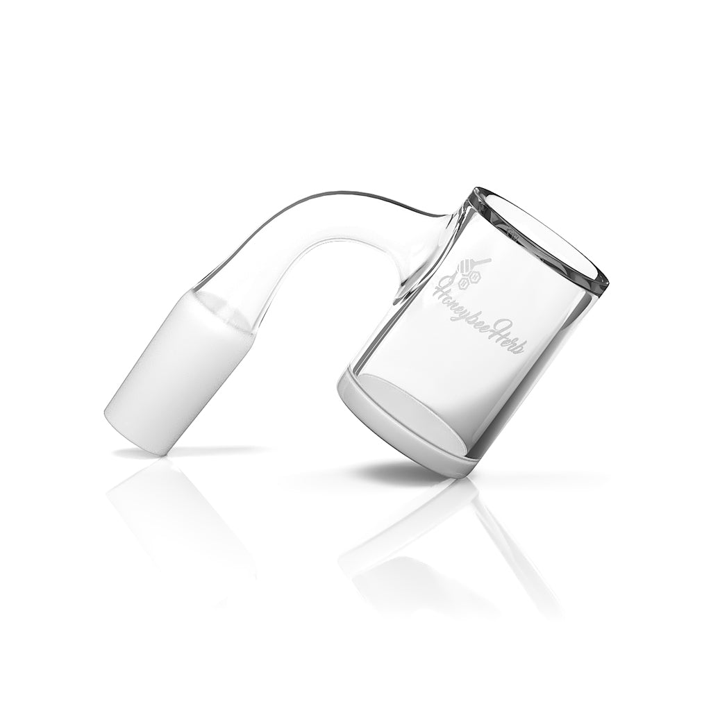 Honeybee Herb Honey & Milk Bevel Quartz Banger at a 90° angle, clear, flat top design for concentrates.