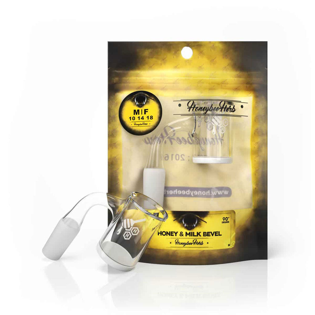 Honey & Milk Bevel Quartz Banger 90° by HoneybeeHerb, front view on branded package