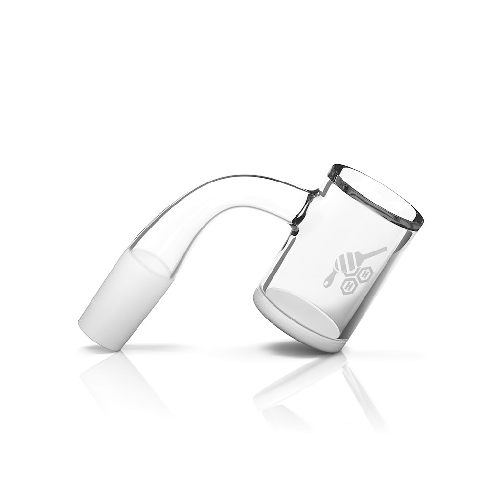 Honey & Milk Bevel Quartz Banger at 90° angle, clear, flat top design for dab rigs, side view
