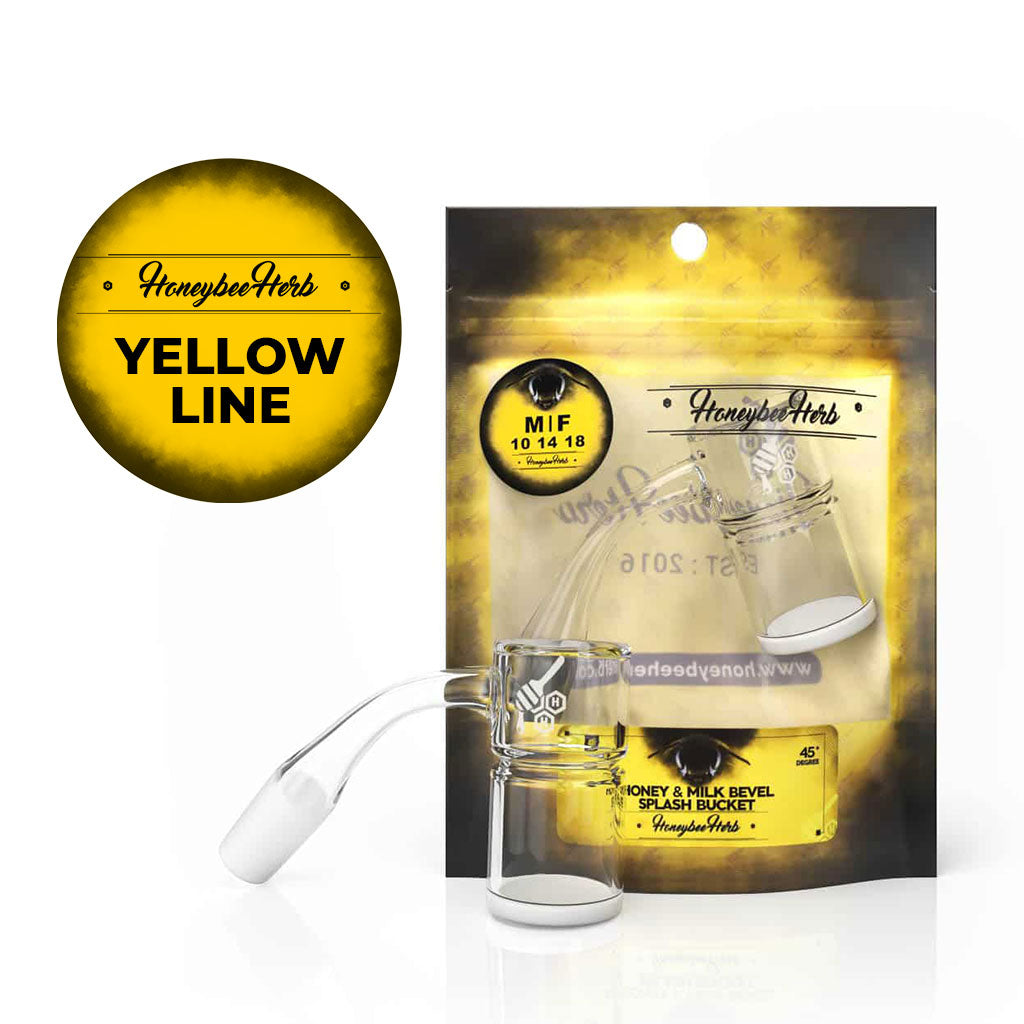 Honeybee Herb Honey & Milk Bevel Splash Bucket 45°, clear quartz banger front view on yellow background