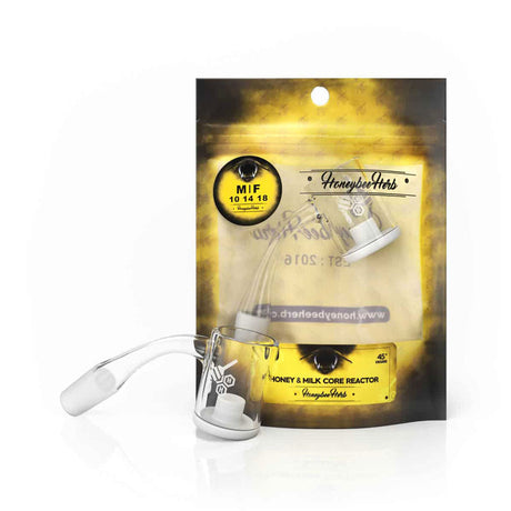 Honey & Milk Core Reactor Quartz Banger 45° by Honeybee Herb, front view on branded packaging