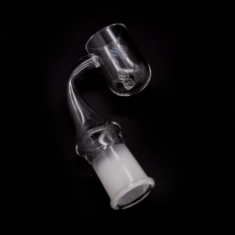 Honey Cyclone Quartz Banger at 90° angle by Honeybee Herb, clear, for dab rigs, side view on black background