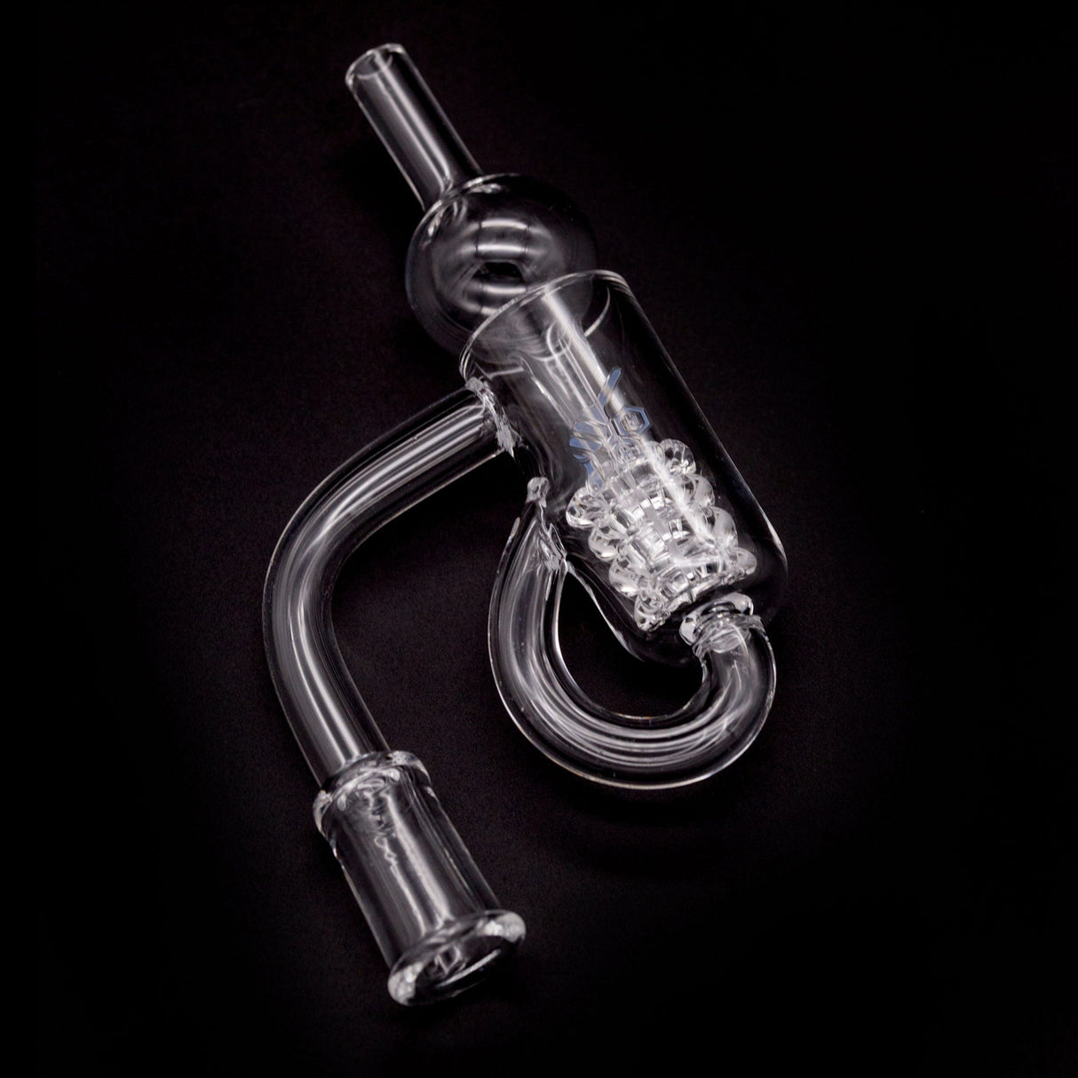 Honeybee Herb Quartz Banger Recycler for Dab Rigs, Clear 90 Degree Joint, Top View on Black