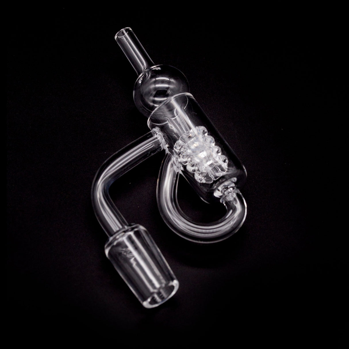 Honeybee Herb Recycler Quartz Banger 18mm Male on black background, angled view, for dab rigs