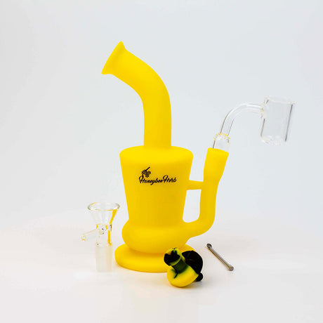 Honeybee Herb Yellow Silicone Banger Hanger Dab Rig Kit, 7" with Honeycomb Percolator, Front View