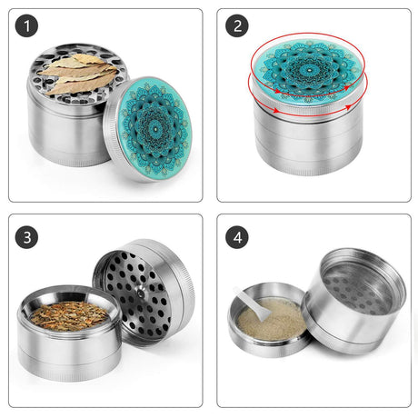 PILOT DIARY Mandala Grinder Silver in 4 stages showing intricate design and fine mesh screen