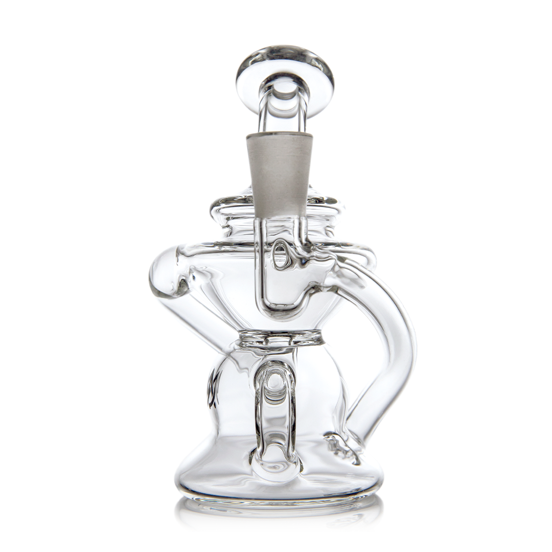 MJ Arsenal Hydra Mini Dab Rig with clear borosilicate glass and 90-degree banger hanger, front view