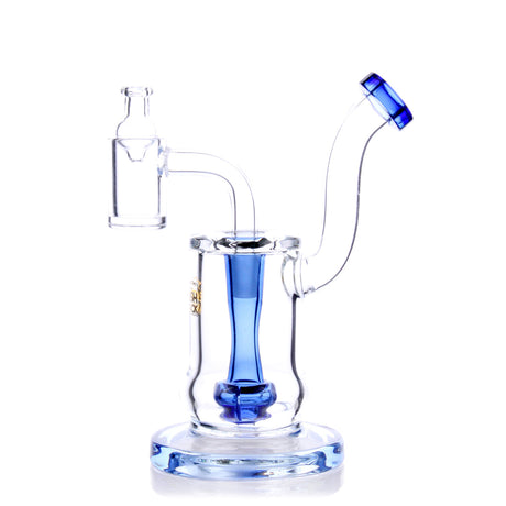 HydroBarrel Mini Rig in blue by The Stash Shack, compact 5" banger hanger design with showerhead percolator, front view.