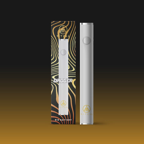 Ritual Dagger 510 Variable Voltage Pen Battery in White with Packaging on Gradient Background