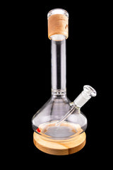 Borealis 14.25" Beaker Bong by Canada Puffin with clear glass and wood accents, front view on black background