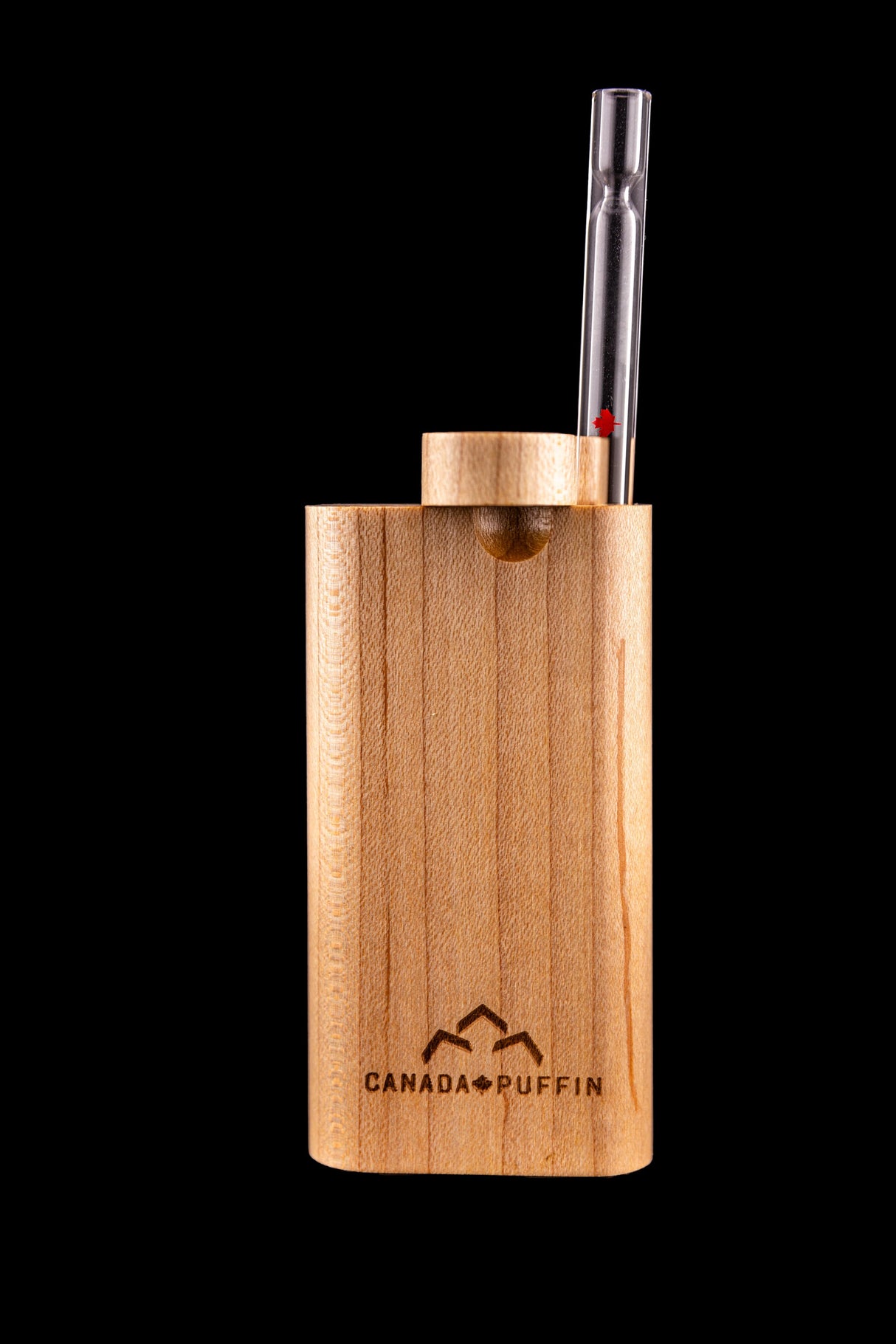 Canada Puffin Banff Dugout and One Hitter with sleek wooden design, front view on black background