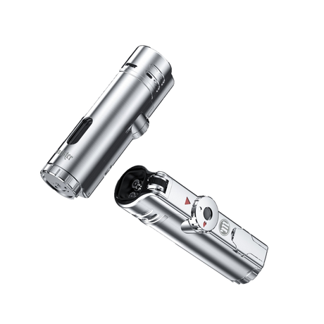 Myster SABR Torch in silver, angled and upright views on a black background