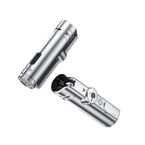Myster SABR Torch in silver, angled and upright views on a black background