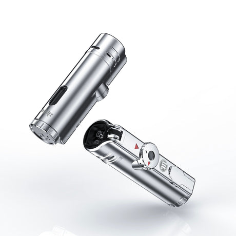 Myster SABR Torch in silver, one standing and one lying with ignition button visible