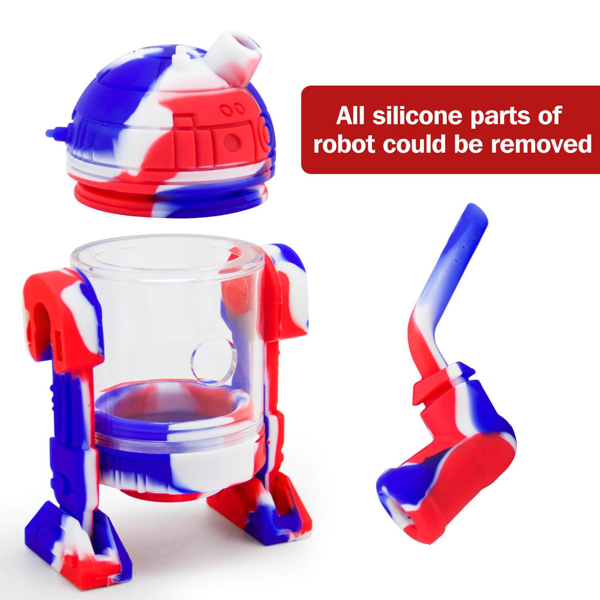 PILOT DIARY Silicone Bubbler Robot in red, white, and blue, detachable parts displayed