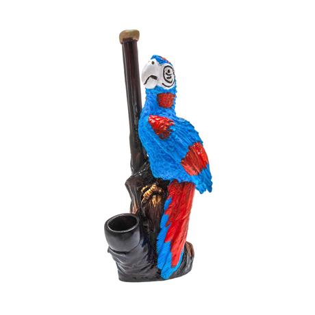 Medusa Customs Hand Carved Parrot Pipe, vibrant blue and red, front view on white background