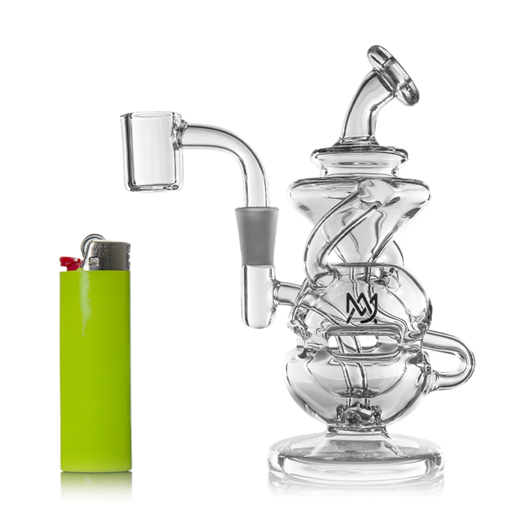 MJ Arsenal Infinity Mini Dab Rig with intricate recycler design, clear glass, and banger hanger, front view